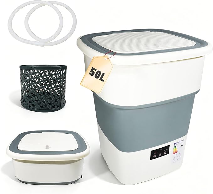 Portable Washing Machine, 50L Large Capacity Foldable Mini Washer with Spin Basket, Adjustable Wash 2–10 Min & Spin 1–6 Min Timer, for Apartment, RV, Camping, Dorm, Travel (Grey)