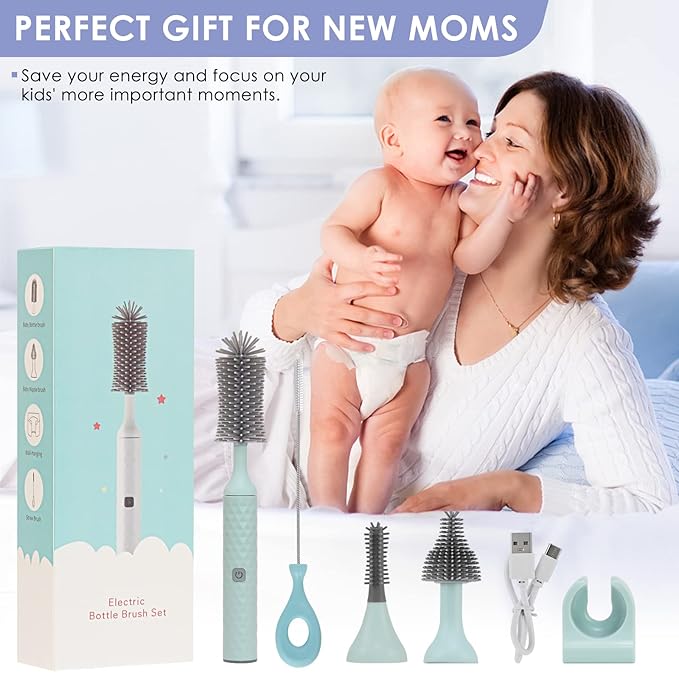 Electric Baby Bottle Brush Set with Electric Bottle Brush and Silicone Bottle/Nipple Brush, Long Straw Cleaner, Rechargeable Bottle Cleaner Electric,Waterproof Water Bottle Cleaner,Blue