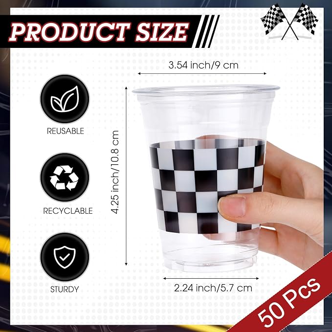 SiliFine 50 Pcs 12 oz Checkered Racing Party Plastic Cups Black and White Disposable Clear Cup Buffalo Gingham Plaid Cups for Race Car Sports Themed Birthday Party Favors Supplies Decorations
