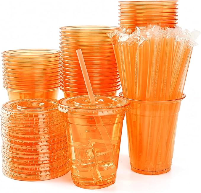 100 Set Orange Plastic Cups with Lids and Straws 12 oz Disposable Drinking Clear Cups for Wedding Orange Birthday Party Supplies