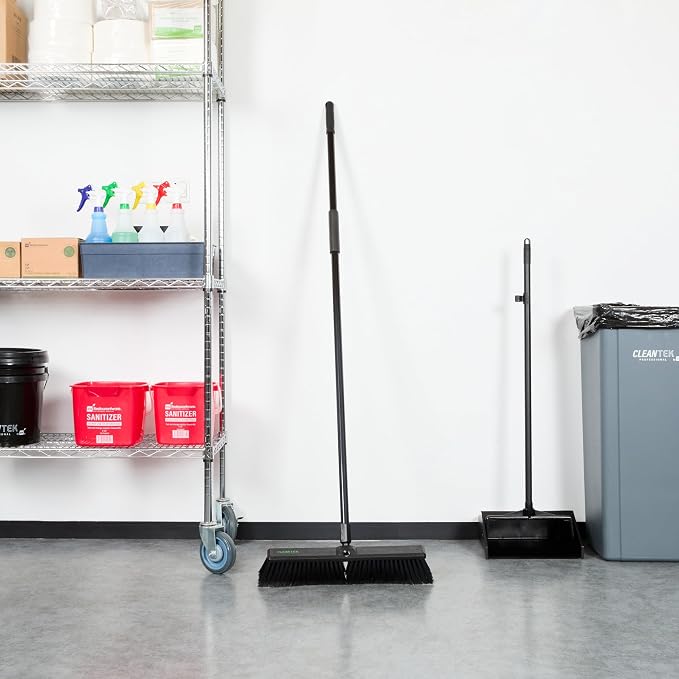 Restaurantware-Clean Tek Professional 17.13 Inch Push Broom, 1 Heavy-Duty Broom with 59” Handle - Fine Bristles, 2 Handle Attachment, Wooden, Commercial Use, for Deck, Garage, Yard, Patio