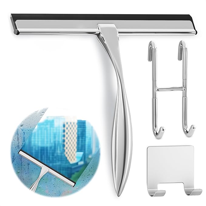 Shower Door Squeegee with Hook - 10" Silicone Blade, Stainless Steel Squeegee for Shower Glass with Adhesive Mount - All-Purpose Bathroom Tile, Mirror, & Window Wiper for Streak-Free Cleaning (Silver)