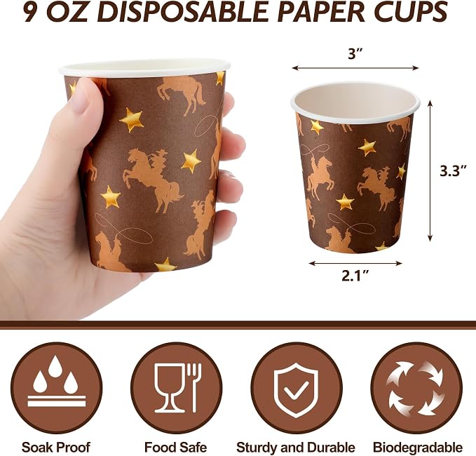 Yaomiao 200 Pcs Western Cowboy Paper Cups 9 oz Party Disposable Paper Coffee Cups Bulk for Western Theme Birthday Rodeo Supplies Decorations