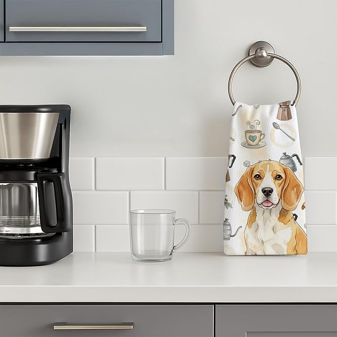 Caroline's Treasures Lemon and White Beagle Coffee Bar Kitchen Towel Velour Plush Front and Cotton Loop Back Machine Washable