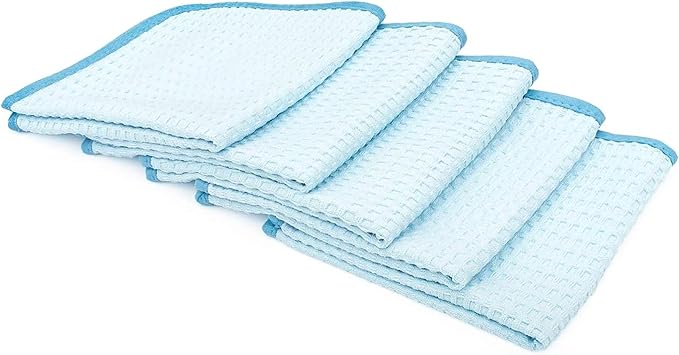The Rag Company Dry Me A River, Professional Korean 70/30 Blend Microfiber Waffle-Weave Drying & Detailing Towels, Soft Suede Edges, 390 GSM, 16x16 Inches, Light Blue, 5-Pack