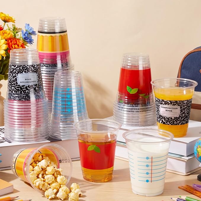 Funnymoom 120 Pcs Back to School Plastic Cups 12oz Composition Notebook Yellow Pencil Disposable Drinking Cups for First Day of School Graduation Teacher Appreciation Party Decoration Supplies