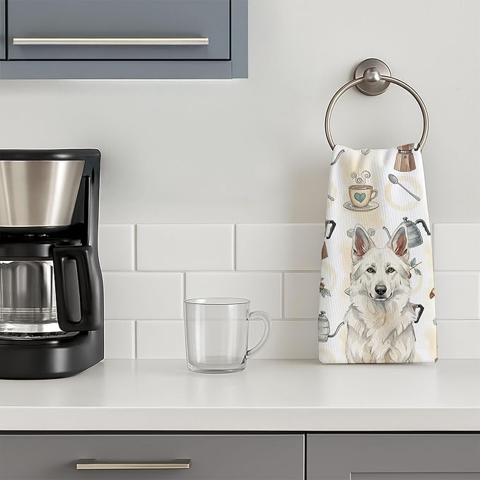 Caroline's Treasures White German Shepherd Coffee Bar Kitchen Towel Velour Plush Front and Cotton Loop Back Machine Washable