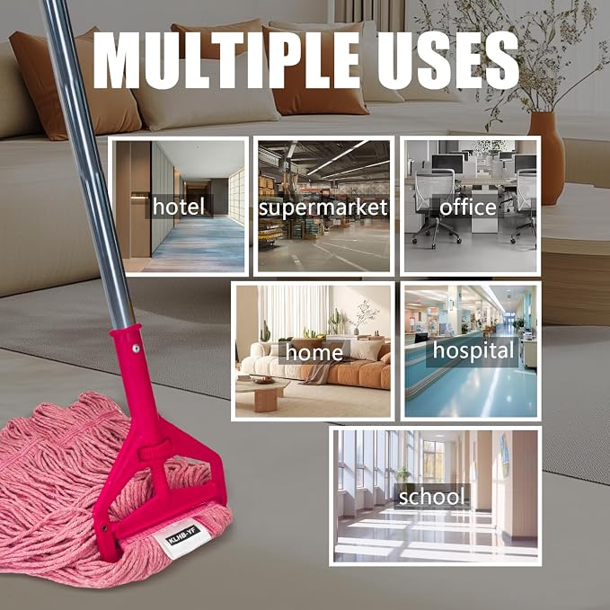 Commercial Cotton Mop Heavy-Duty Industrial with 2 Replacement Heads 152 cm Handle Replacement mop Head (Pink)