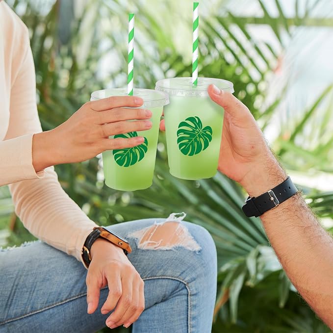 Whaline 50Pcs Tropical Palm Leaf Disposable Plastic Cups with Lids and Straws 12Oz Green Monstera Cold Beverage Drinking Cup for Summer Hawaiian Luau Birthday Party Supplies