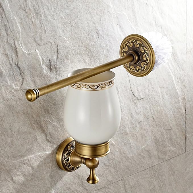 Leyden Antique Brass Toilet Brush Holder, Retro Toilet Brush Organizer with Ceramic Cup