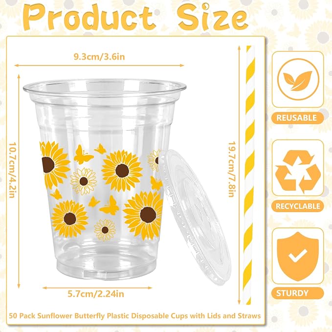 FYSUIMU 50Pcs 12Oz Sunflower Plastic Cup with Lid & Straw Yellow Floral Butterfly Clear Disposable Drinking Cup for Spring Summer Party Supplies