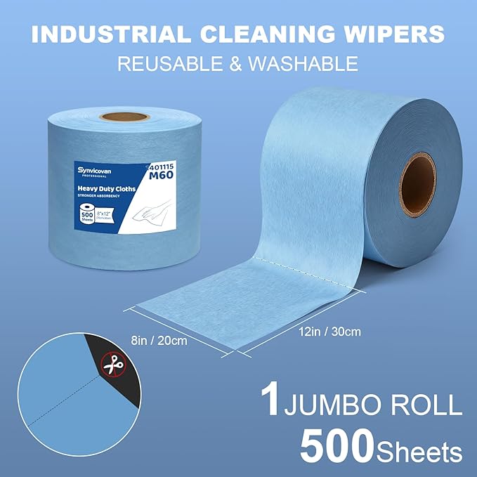 Jumbo Roll Industrial Cleaning Wipes, Super Absorbent Heavy Duty Cloths, Blue (1 Roll of 500 Sheets, 12"x 8" Each Sheet)