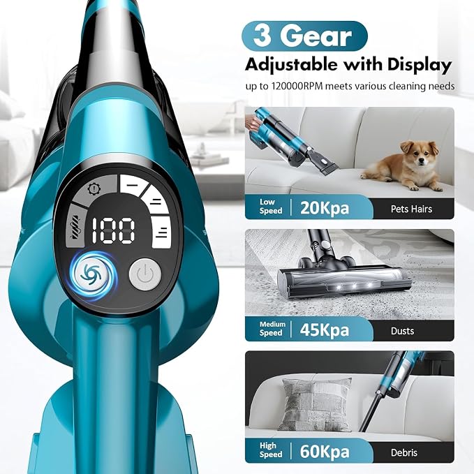 700W Cordless Vacuum Cleaners for Home with 2*Battery 8000mAh,Brushless Rechargeable Stick Vacuum with 3 Mode, 6 in 1 Portable Handheld Cordless Vacuum for Pet Hair/Hardwood Floor/Dorm (Blue)