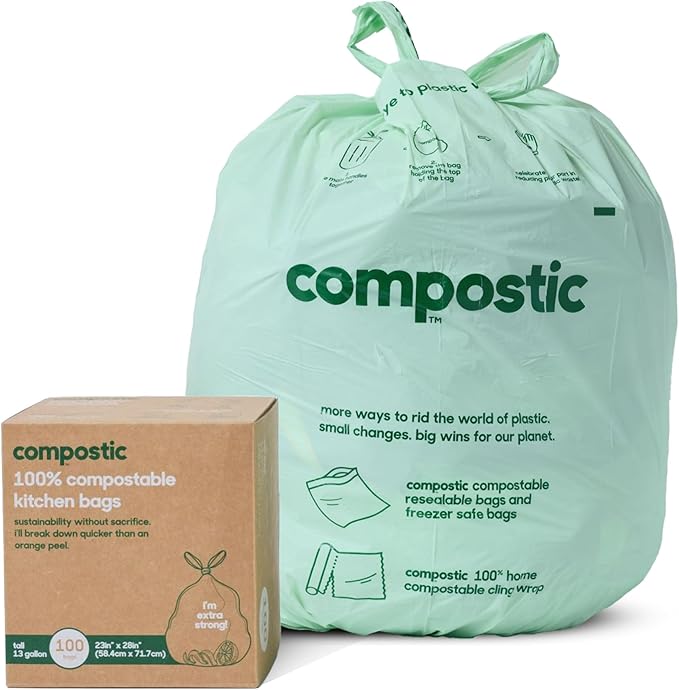 Compostic Compostable Trash Bags, 13 Gallon Tall Kitchen (100 Count) Bulk Pack — Extra Strong, Home Compostable, Plant-Based, Non-Toxic, Unscented Garbage Bags