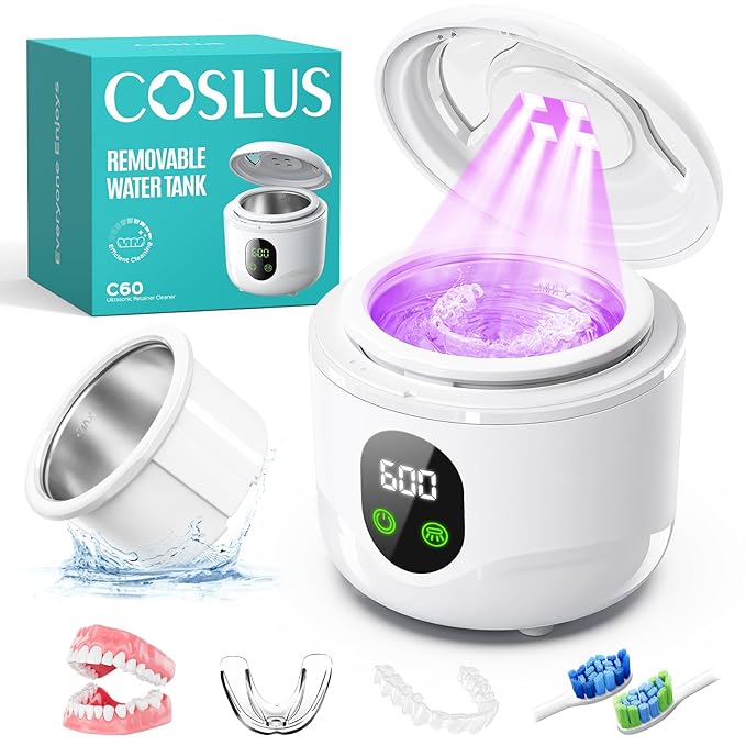 COSLUS C60 Ultrasonic Retainer Cleaner Machine: 45kHz Professional Dental Cleaning Pod for Denture, Mouth Guard, Aligner & Jewelry Deep Cleaning - Removable Tank, Upgraded Durable for Home Use, White