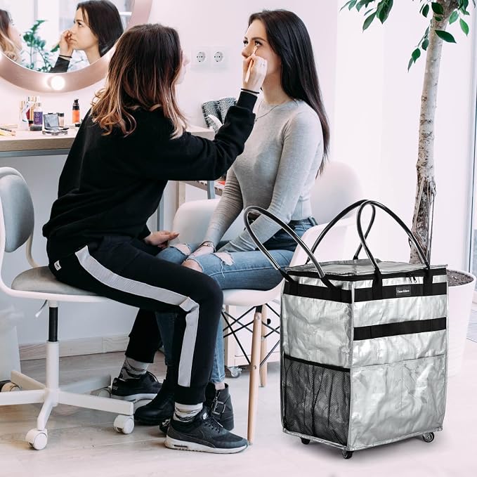 Reusable Grocery Bag On Wheels Large Capacity Shopping Trolley Foldable Rolling Tote with Outside Pocket, Heavy Duty Handle (Silver, Medium)