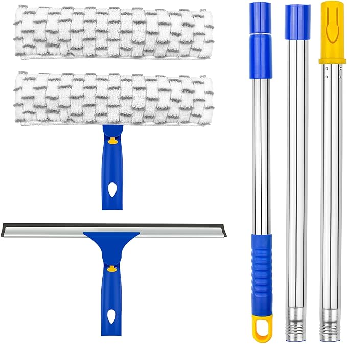 ITTAHO Window Squeegee Cleaner Tool,Window Cleaning Kit with Extension Pole,12" Squeegee and 11" Microfiber Scrubber Combi,Window Washing Equipment for Car, Indoor,Outdoor, High Windows-2 Pads
