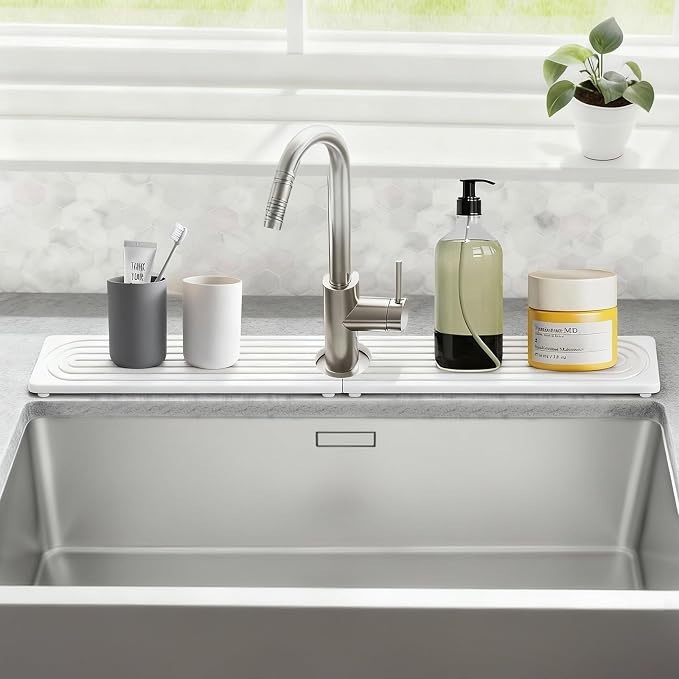 Stone Faucet Mat for Kitchen Sink, Silicone Faucet Handle Drip Catcher Tray Mat, Silicone Kitchen Sink Splash Guard for Bathroom Counter Kitchen Counter Accessories, White, 30" x 4"