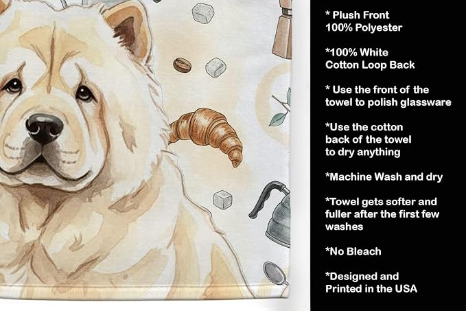 Caroline's Treasures Cream Chow Chow Coffee Bar Kitchen Towel Velour Plush Front and Cotton Loop Back Machine Washable