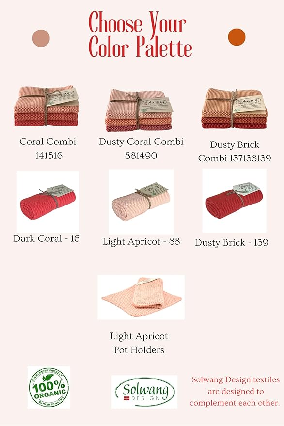 Solwang 3-Piece Danish Cotton Dishcloths in 100% Certified Organic Cotton Made in India (Dusty Coral Organic Combi), 619317045637