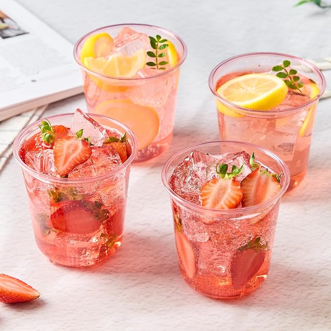 Soelomu 12 oz Pink Plastic Cups, 50 Pcs Disposable Stemless Wine Glasses Round Bottom Cocktail Party Cups for Wedding Birthday Meeting Gathering