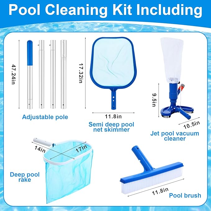 Tioncy 5 Pcs Jet Pool Vacuum Cleaning Kit with Skimmer Nets, Pool Brush and 47" Long Pole Adjustable for Above Ground Ponds Hot Tub Spa Wall Floor Cleaning, Easy to Set up