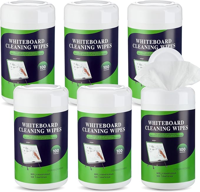 Threlaco 6 Pack Dry Erase Wipes 600 pcs Whiteboard Cleaning Wipes Wet Whiteboard Cleaner Classroom Teacher Supplies, 100 pcs Per Canister