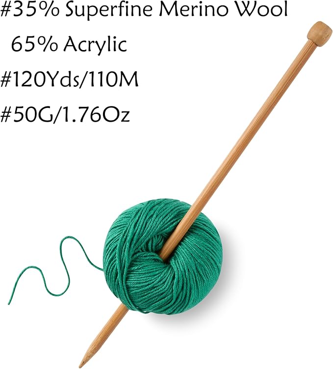 6 Balls Merino Wool Yarn, 12-Ply Luxurious and Soft Yarn for Hand Knitting & Crocheting, 1.76 OZ/50g, 120 yds/110 Meters(Green,6Balls)