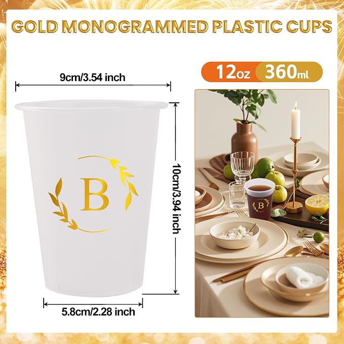 100 Monogrammed Cups Disposable Initial Plastic Cup 12 oz Wedding Personalized Cup for Wedding Reception Baby Shower Birthday Party(Letter B)