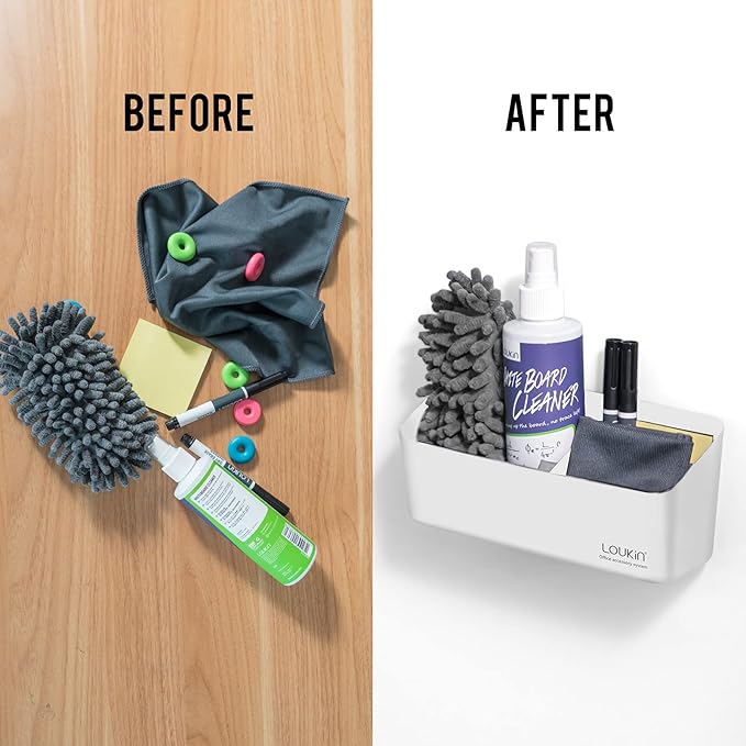 loukin | Non-toxic Whiteboard Cleaner Kit (8.5 fl oz) 2 Pack & Magnetic and Adhesive Marker Holder (White)