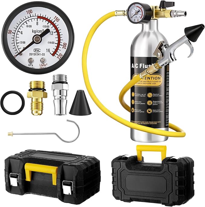 Rossesay AC Flush Kit Air Conditioner System Flush Canister Kit AC Drain Line Cleaner Tool Conditioning Pipeline Set with Gauge, Air Fittings and Hose for Car Conditioner Pipe (Aluminum,Classic)