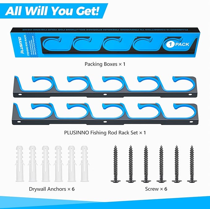 PLUSINNO H5 Horizontal Fishing Rod/Pole Holders for Garage, Wall Ceiling Mounted Fishing Rod Holder, Aviation Aluminum Fishing rod rack Holds up to 5/10/20 Rod or Combos Fishing Gear and Gifts for Men