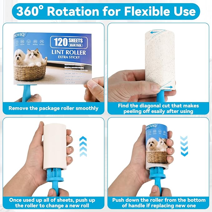 Lint Roller for Pet Hair – 1200 Sheets Mega Value Set, 2 Upgraded Handles, 3.9-inch Rolls with 120 Sheets Each, Sticky Hair Remover for Clothes, Sofa, Carpet & Furniture, Dog & Cat Hair