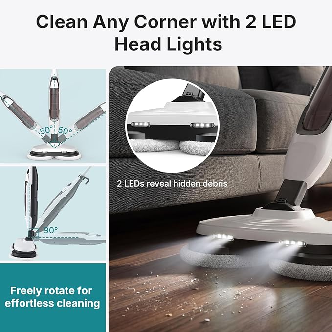 OLIXIS Steam Mop, All-in-One Scrubbing Steam Mops for Floor Cleaning with Rotating Pads, Floor Steamer with 2 LED Lights, 4 Cleaning Modes, Swivel Steering, 16.4 FT Cord, Safe for Hardwood and Tile