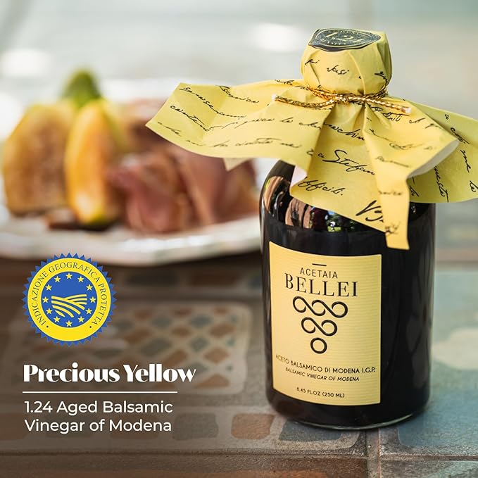 Acetaia Bellei Aged Balsamic Vinegar of Modena - Italian Aceto Balsamico di Modena IGP Certified, Product from Italy, Sweet & Sour, Perfect for Seafood, Salads, Fruit, and Cheese, Precious Yellow 1.24 - 250ml