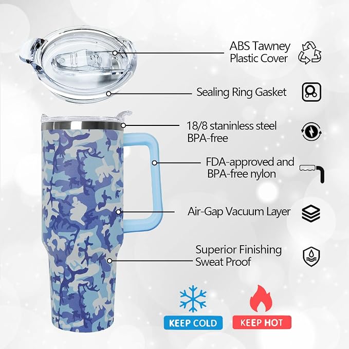 Ceovfoi 40oz Blue Camo Tumbler with Handle Lid Straw, Vacuum Insulated Coffee Mug Water Bottle, Camouflage Decor Gifts for Men Women