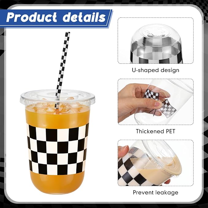 LemonRoad 100sets 16oz Checkered Flag Cups Race Car Birthday Party Decorations Supplies Plastic Cups Disposable with Lids and Straws for Racing Party Christmas Birthday Wedding Baby Shower Decoration