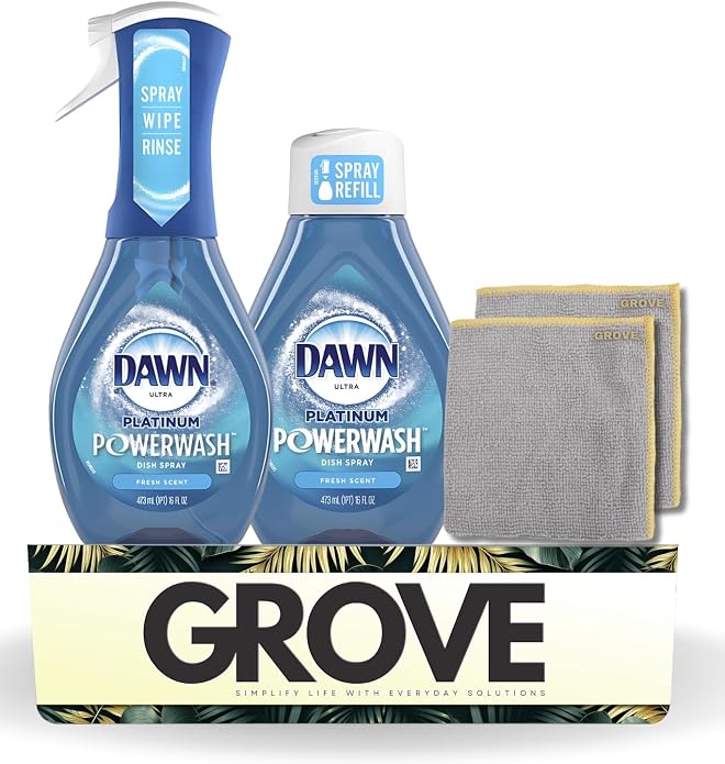 Platinum Powerwash Fresh Scent Liquid Dish Spray 16 oz + 16 oz Refill Bundle with Microfiber Cloth - Dish Soap - Powerwash for Dishes and Hard-to-Reach Items - (4 Items)