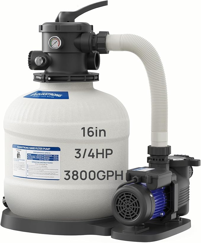 AQUASTRONG 16in Sand Filter Pump for Above Ground Pool, 3/4 HP Pool Pumps Above Ground 3800 GPH for Pools up to 16000 GAL, Sand Pool Filter with 6-Way Valve, Improved Circulation and Filtration