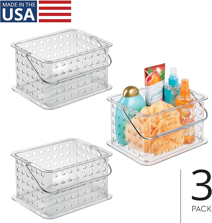 iDesign Small Clear Shower Caddy with Handle, Portable Shower Organizer for Dorm or Bathroom, 3-Pack