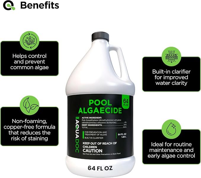 AquaDoc Liquid Algaecide for Swimming Pools - 64 oz - Treats Up to 5,000 Gallons - Non-Foaming, Copper-Free Formula for Pool Algae Control with Built-in Clarifier - Made in USA