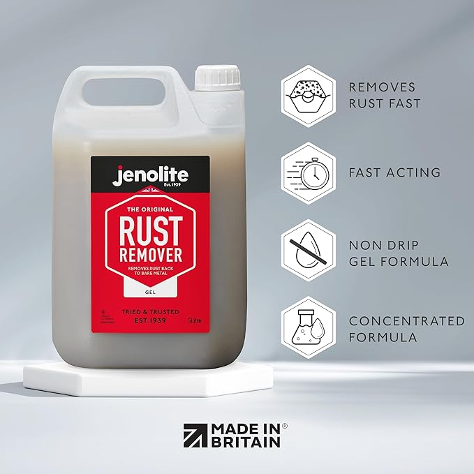 JENOLITE Gel Rust Remover for Metal 5 L (1.32 Gallon). Non-Drip Naval Jelly for Automotive and Vertical Metal Surfaces. Fast-Acting Concentrated Gel Dissolves Rust to Bare Metal. Made in Britain.