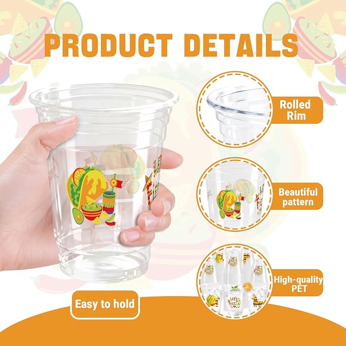 100 Pack Fiesta Plastic Cups 12 oz Mexican Cinco De Mayo Disposable Cups Mexican Party Favor Drinking Beverage Cup for Taco Birthday Hispanic Heritage Month Party Supplies