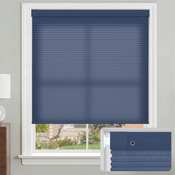 No Drill Cellular Shades, Dark Blue Custom Size Cordless Light Filtering Pull Down Pleated Honeycomb Blind Thermal Insulated Easy Install for Indoor Window Bedroom Living Room Kitchen Door