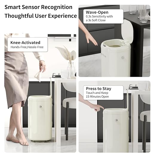 MRBIN Adsorption Metal Kitchen Motion Sensor Trash Can Removable, 30L / 7.9gal Automatic Absorbing Bag Lidded Garbage Bin with Wheels, Commercial Waste Basket for Office and Bedroom, Bathroom, White