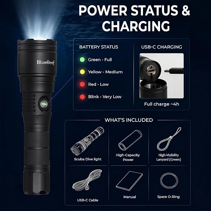 Blue Reef 2000 Lumens Scuba Dive Light, 390m Long-Range Beam, 4Hr Runtime / 2Hr at Full 2000LM Output – USB-C Rechargeable, 100m Waterproof Diving Flashlight for Scuba & Night Diving