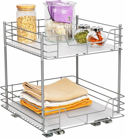 Household Essentials Glidez Steel Pull-Out/Slide-Out Storage Organizer with Plastic Liners for Under Cabinet or Wire Shelf Use - 2-Tier Design - Fits Standard Size Cabinet or Shelf, Brushed Silver