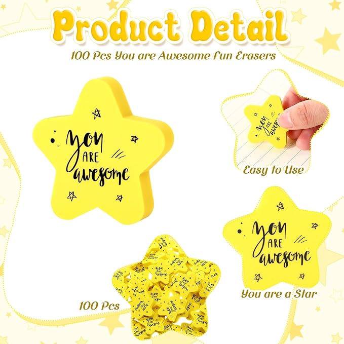 Spakon 100 Sets Inspirational Star Erasers for Kids 1.57" Cute Star Shaped Erasers Bulk Fun Motivational Gifts for Students Classroom Back to School Rewards School Prizes Party Favors