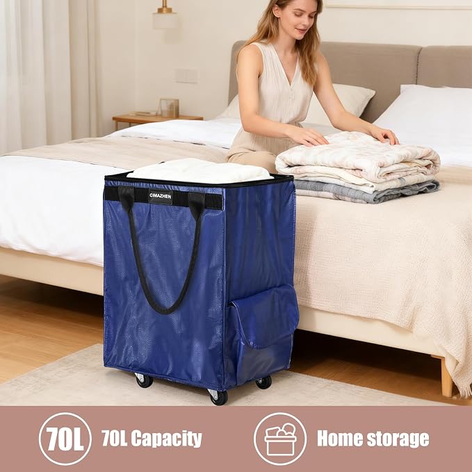 (Medium,Blue) Reusable Grocery Bag on 4 Wheels, 70L Foldable Rolling Tote Bag with 3 Handles and Zipper, Rolling Shopping Cart for Groceries, Storage, Laundry, Travel, Organizer, 76lb