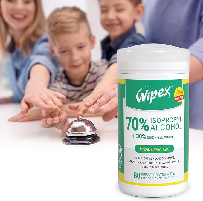 Wipex Alcohol Wipes with 70% Isopropyl Alcohol, 80 CT Lint-Free Cloth in Sealed Canister to clean Surfaces, Electronics, Computer Screens, Glasses, 80 Count